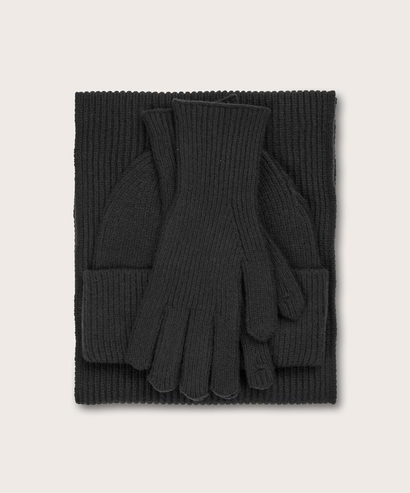 Stickat set med mössa, vantar och halsduk, Black
